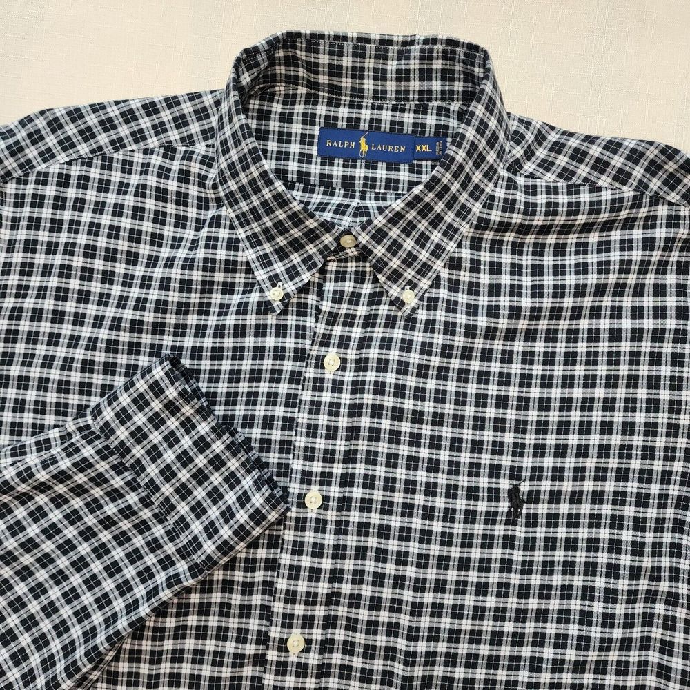 Ralph Lauren Mens 2XL White Black Check Plaid Heavy Cotton‎ Button Down Shirt